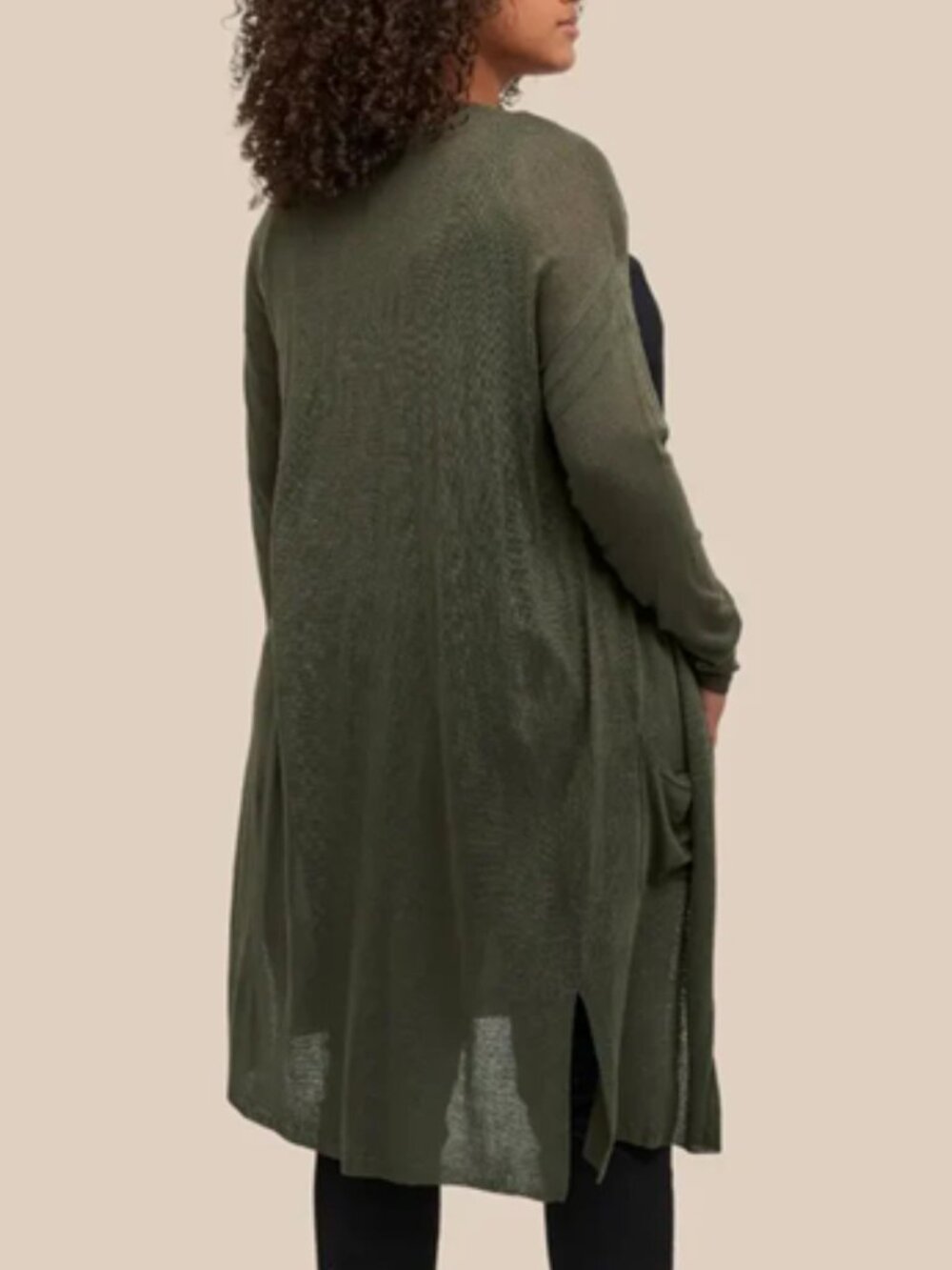 Kaffe Lightweight Long Sandra Open Cardigan In Olive Green - Picture 6 of 6